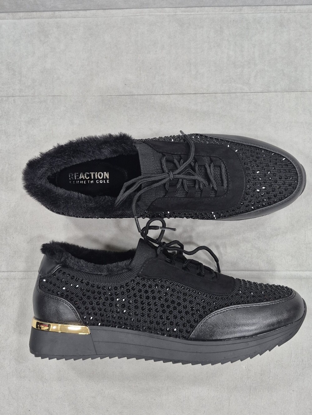Kenneth Cole Reaction Cari Cozy sneaker women's 11 black jeweled fur lining NEW